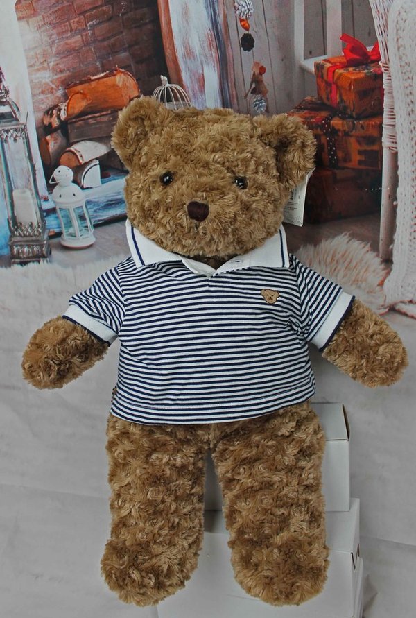 Teddybär kuschelig  von TEDDY HOUSE "Toby Bär" in braun mit Polo marine weiß 35 cm  K-347