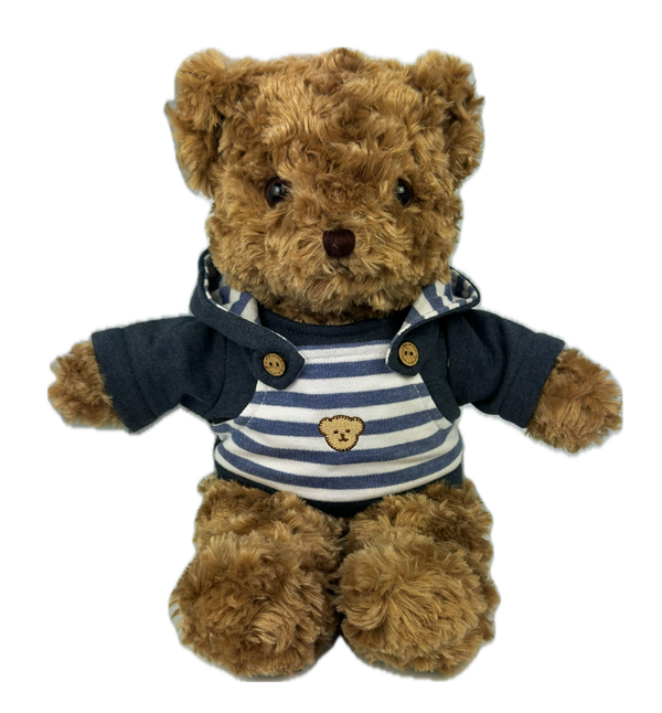 Teddybär kuschelig und anschmiegsam  "Toby Bär" in braun mit Polo in blau weiß 14 Zoll